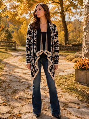 Moon Collection Black & Cream Aztec Waterfall Cardigan Sweater XL Boho Cozy Knit